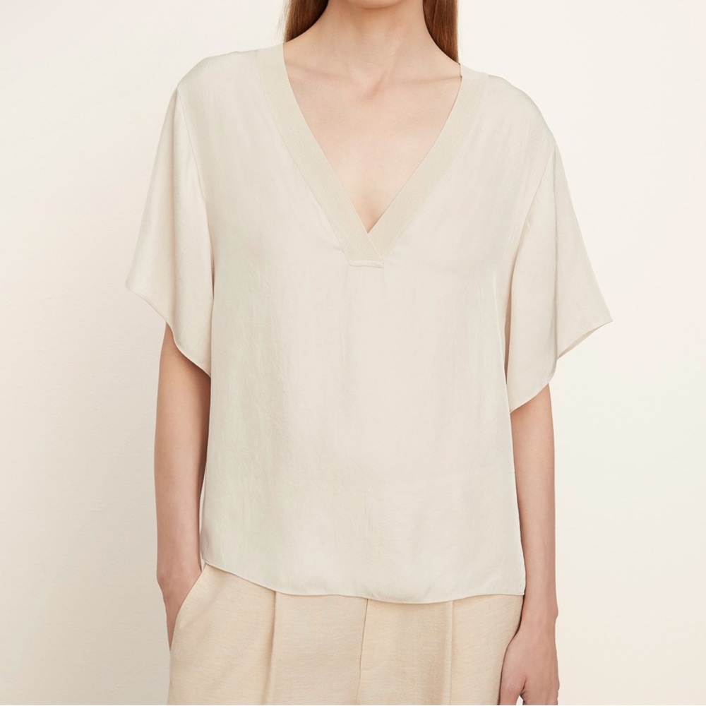 NWT Vince Rib-Trim Double V-Neck Short Sleeve Popover